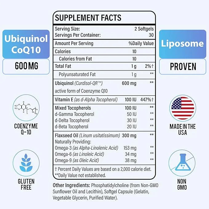 Liposomal CoQ10 600 mg Softgel Ubiquinol, 3 6 6 9, 9, Mixed Q10 Supplement 60 Softgels