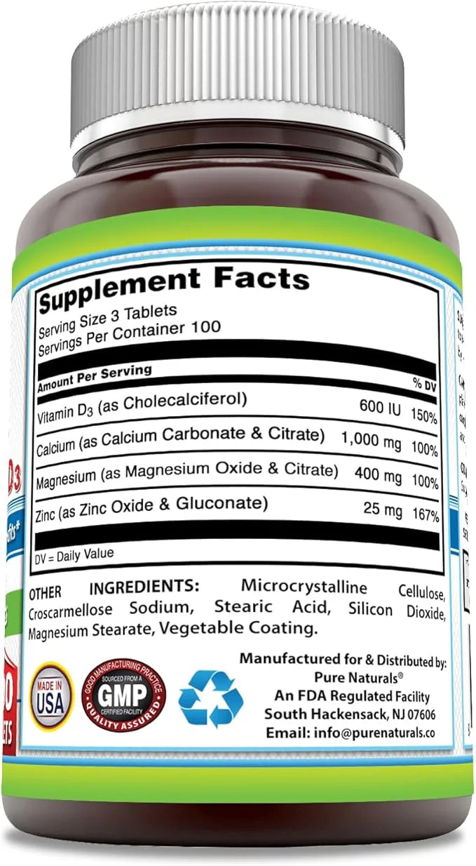 Pure Naturals Calcium Magnesium Zinc Vitamin D3 Supplement 1000mg, Magnesium 400mg, Zinc 25mg, Vitamin D3 600 600 IU (300 ...
