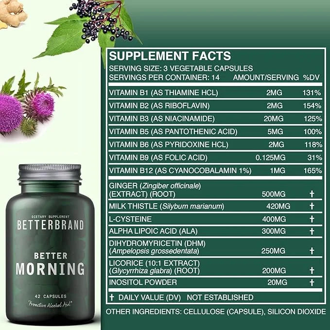 Betterbrand BetterMorning All-Natural Ingredients with DHM - Supports Liver Aid - Gluten-Free & Vegetarian (42 Capsules) -...