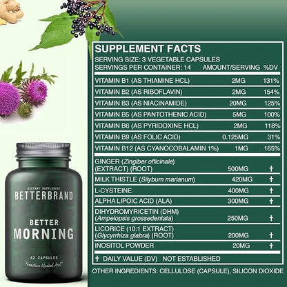 Betterbrand BetterMorning All-Natural Ingredients with DHM - Supports Liver Aid - Gluten-Free & Vegetarian (42 Capsules) -...