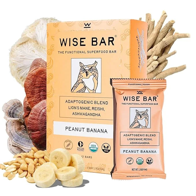 Wise Bar Adaptogen Mushroom Nutrition Bars with Reishi, Lions Mane & Ashwagandha, Organic Vegan & Gluten Free Snacks for N...