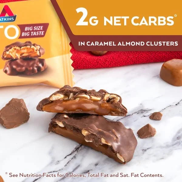 Atkins Caramel Almond Clusters, Gluten Free, High in Fiber, 1g Sugar, 2g Net Carb, Keto Friendly, 20 Count - Product Image