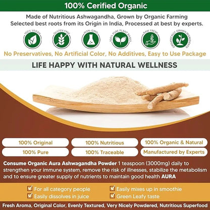 Certified Organic Ashwagandha Root Powder 8Oz -1/2Lb. Enhances 100% Pure
