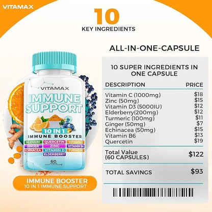 10-in-1 Immune System Support Booster D3, Selenium, B6, Echinacea (60 Count 2))