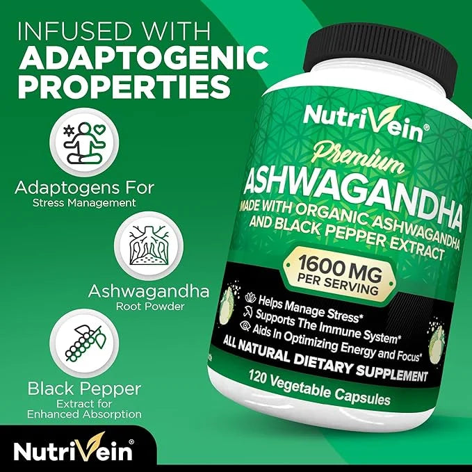 Nutrivein Organic Ashwagandha Capsules 1600mg 120 Vegan 100% Pure