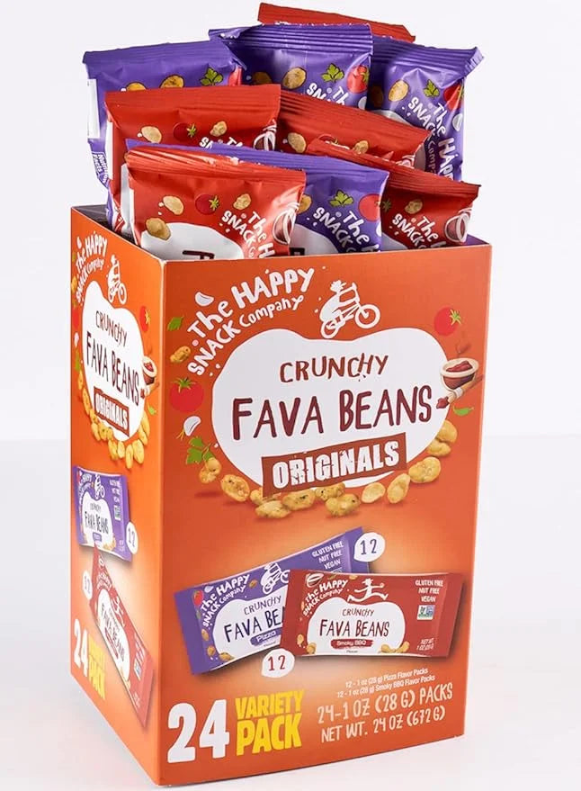 The Happy Snack Company Fava Beans Variety Pack 24 x 1 oz (Smoky BBQ Flavor and Pizza Flavor).Gluten free. Nut free. Dairy...