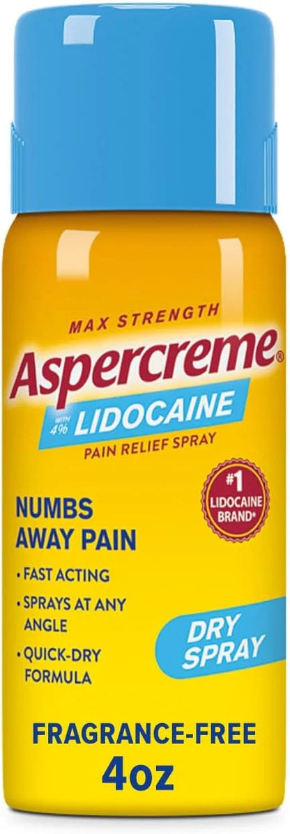 Aspercreme Lidocaine Dry Spray Soothes Aggravated 4% Lidocaine 4 Oz.