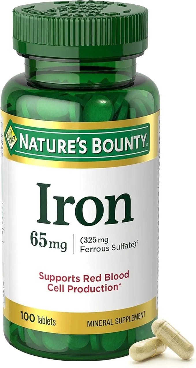 Nature's Bounty Iron 65mg, 325 mg Ferrous Sulfate, Cellular Energy Support, Promotes Normal Red Blood Cell Production, 100...