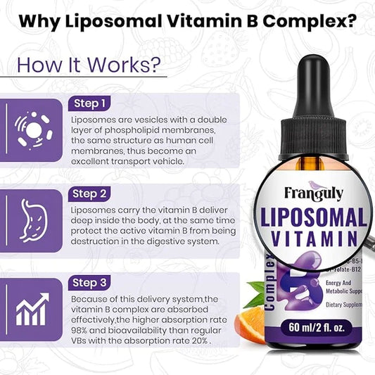 Liposomal Vitamin B Complex Liquid Sublingual B12,B1, B2, B2, B3, B3, B5, B5, B6,Folate,Biotin B6,Folate,Biotin for Suppor...