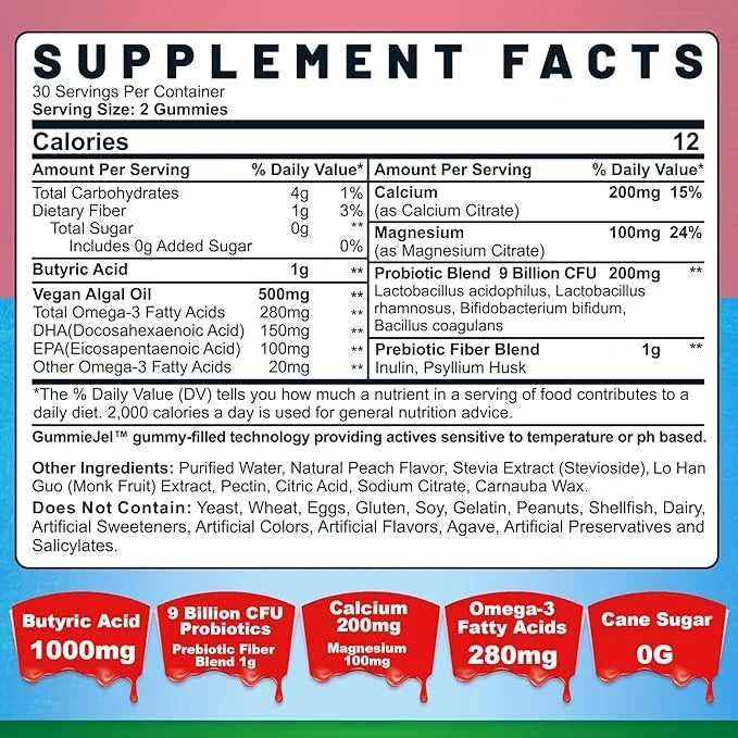 Butyrate Gummies with Probiotic + Prebiotic 9 Billion Omega-3, Inulin,