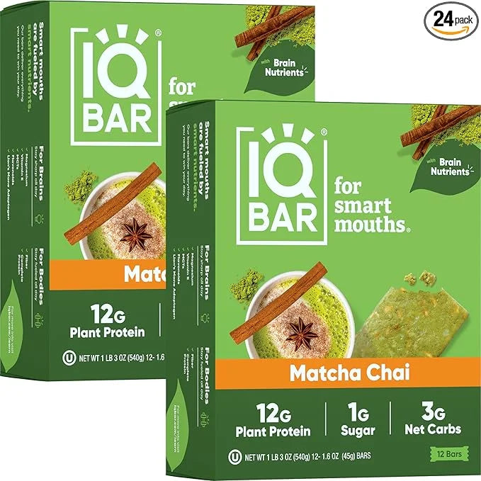 IQBAR Brain and Body Plant Protein Bars - Matcha Chai - 24-Count Low Carb - Gluten Free, High Fiber, Vegan Snacks - Low Su...