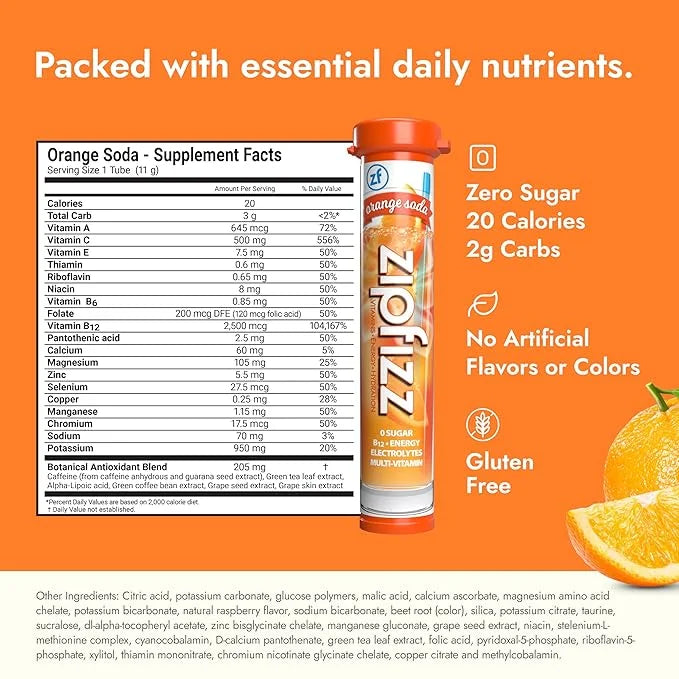 Zipfizz Daily Energy Drink Powder, Orange Soda, 20 Pack | 3-in-1 Sustained Energy, Rapid Hydration, and Essential Vitamins...