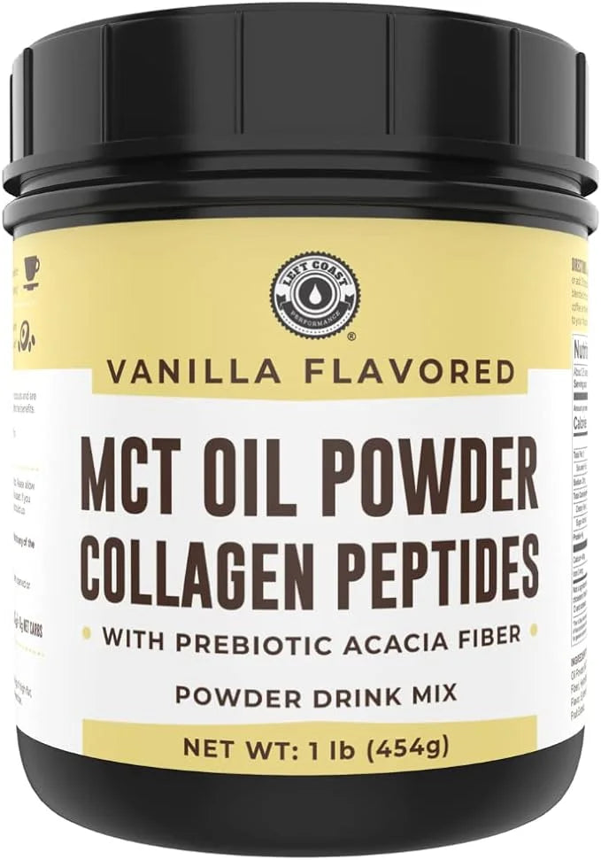 Keto MCT Oil Powder + Collagen + Prebiotic Acacia Fiber, Vanilla Flavor, 16oz. MCT Oil Powder from Coconuts. Grass Fed Col...