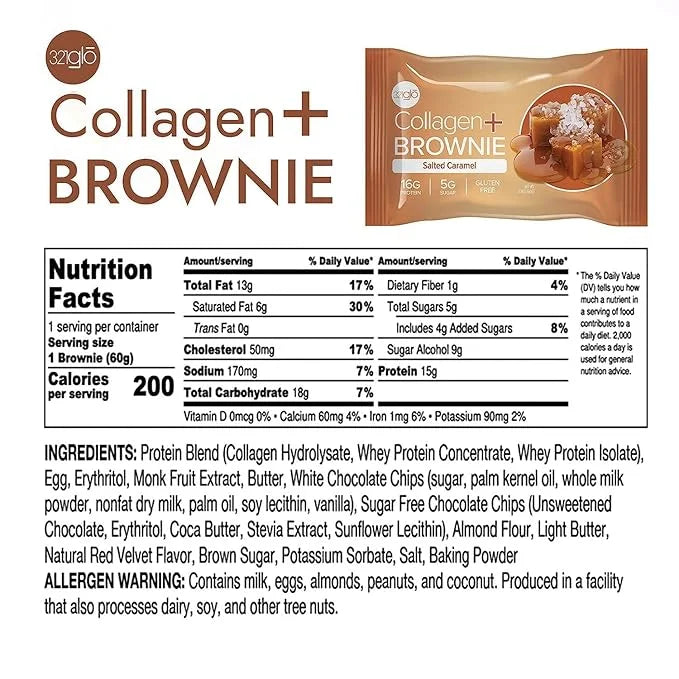 321glo Collagen Protein Brownie | Gluten Free, Low Sugar | Keto Snack for Women, Men, & Kids | 16g Protein, 6g Collagen | ...