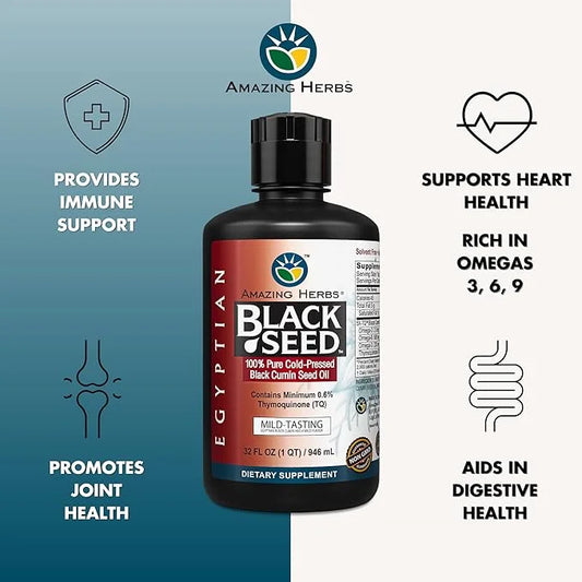 Amazing Herbs Egyptian Black Seed Oil - Gluten Free, Non GMO, Cold Pressed Nigella Sativa Aids in Digestive Health, Immune...