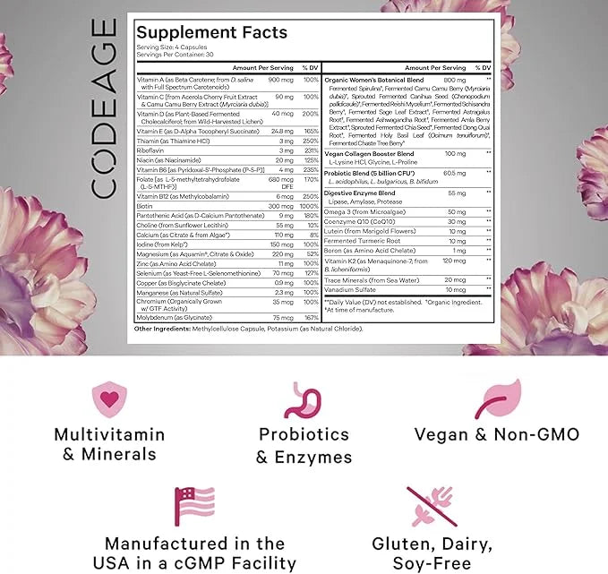 Codeage Women’s Daily Multivitamin, 25+ Vitamins & Minerals, Fermented, Organic Whole Foods, Probiotics Supplement - Vitam...