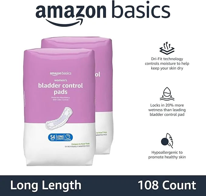 Amazon Basics Women's Incontinence Pads, Bladder 108 Count, (2 Packs 54)