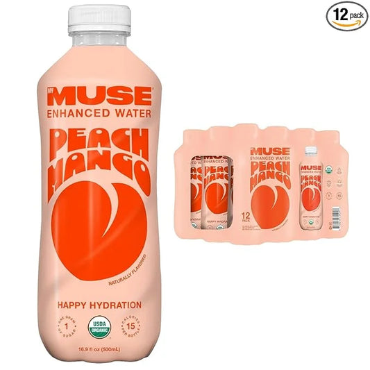 MyMuse Organic Enhanced Flavored Water, Peach Mango, 16.9oz Bottle (12 Pack), Zero Sugar Added, With Zinc, Vitamin A, C & ...