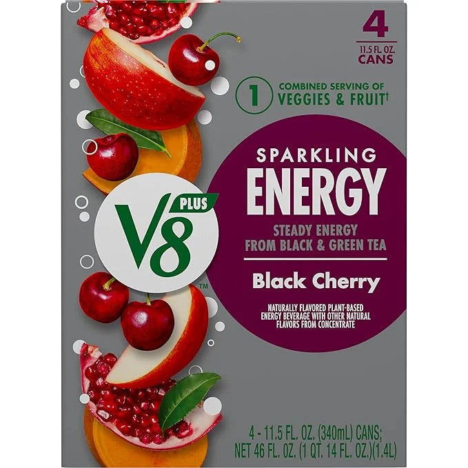 V8 +SPARKLING ENERGY Black Cherry Energy Drink, Made with Real Vegetable and Fruit Juices, 11.5 FL OZ Can 4 Count (Pack of...