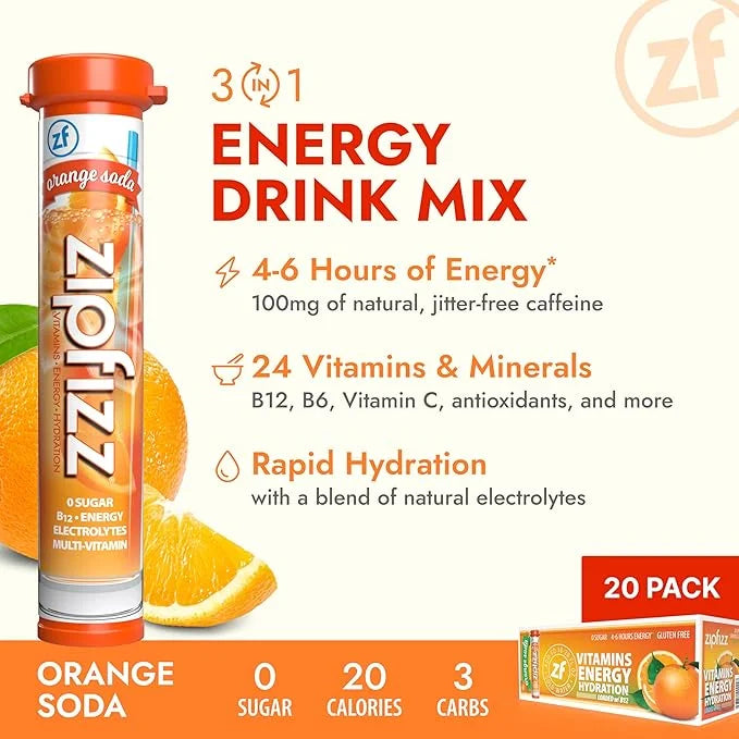 Zipfizz Daily Energy Drink Powder, Orange Soda, 20 Pack | 3-in-1 Sustained Energy, Rapid Hydration, and Essential Vitamins...