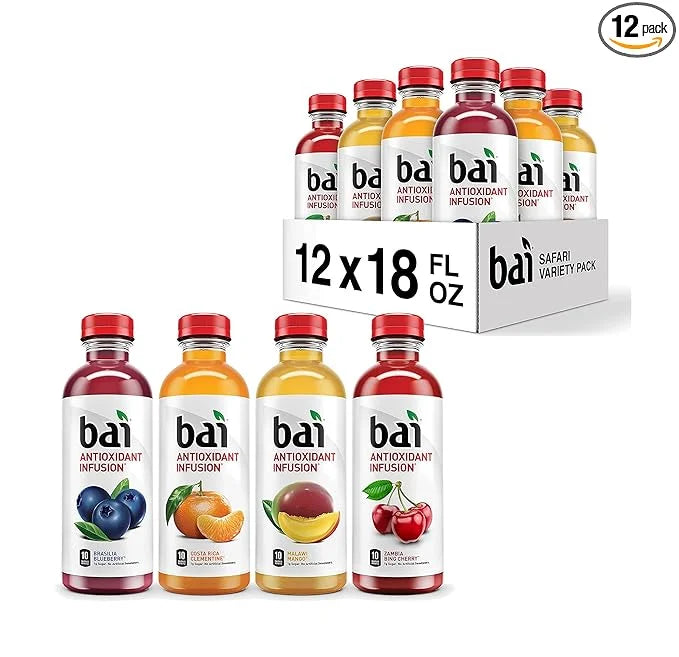 Bai Flavored Water, Safari Variety Pack, Antioxidant Infused Drinks, 3 Each of Brasilia Blueberry, Costa Rica Clementine, ...