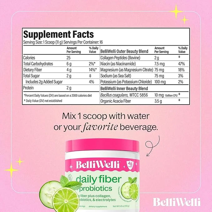 Daily Fiber Supplement with Added Collagen, Probiotics and Electrolytes | Supports Digestive Health and Regularity | Cucum...