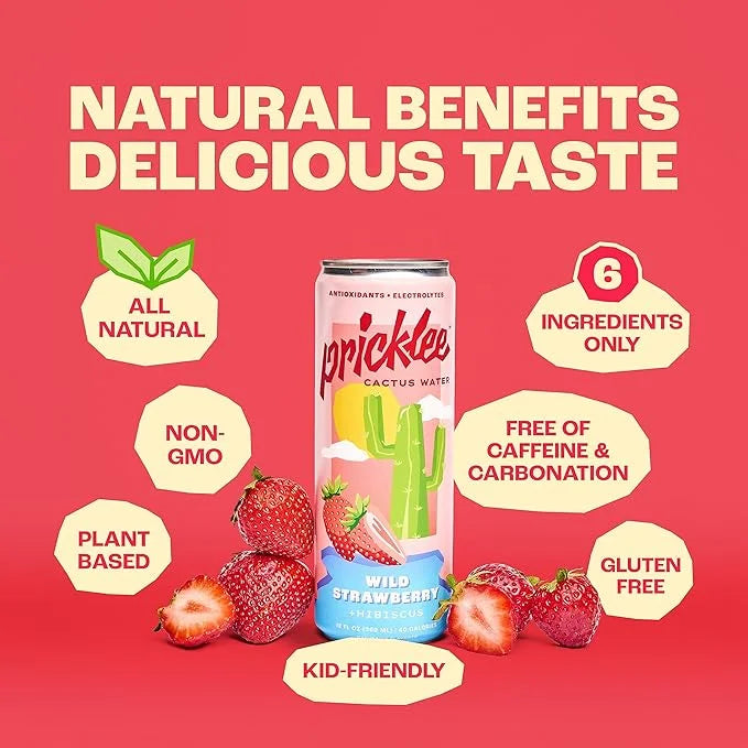 Pricklee Wild Strawberry Cactus Water - Packed With Antioxidants, Electrolytes, Vitamin C - Natural Sports Drink for Immun...