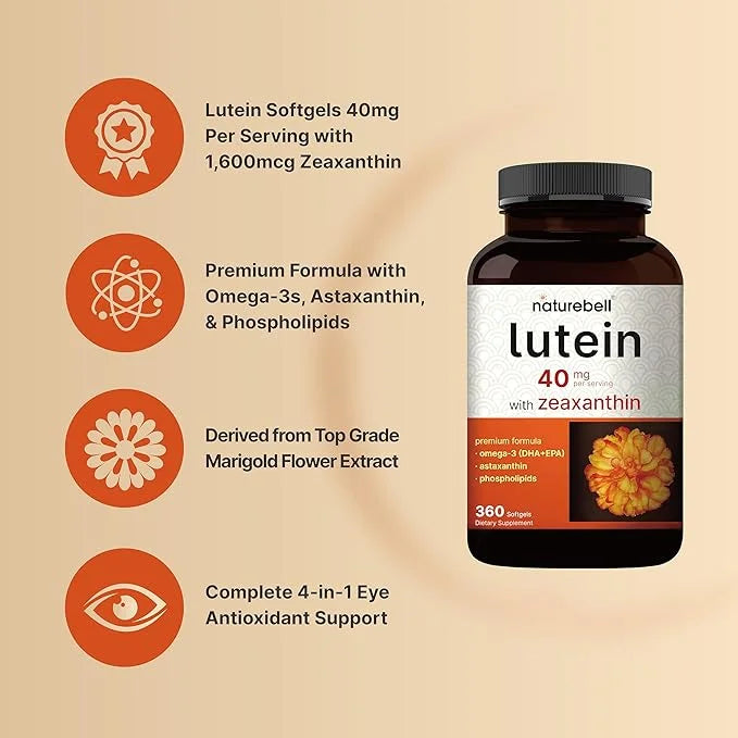 Lutein 40mg and Zeaxanthin 1,600mcg Per 360 Softgels 4 in 1 with Omega-3s, Astaxanthin,
