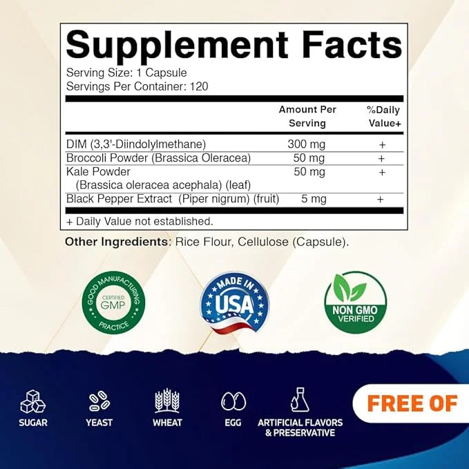 Vitamatic DIM Supplement Complex for Women & Men - 300mg - 120 Veg Capsules - Made with Black Pepper, Broccoli Powder & Ka...