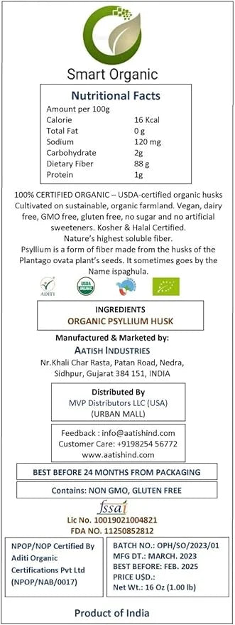 Organic Psyllium Husk, Keto Friendly, Vegan, 16 Ounce (16 oz)