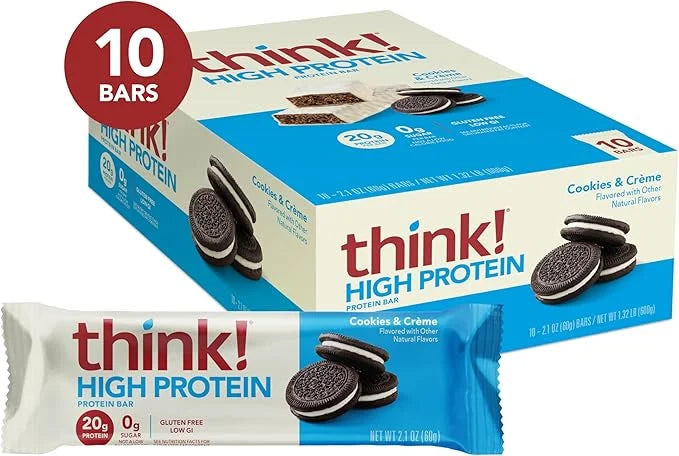 think! Protein Bars, High Protein Snacks, Gluten Free, Kosher Friendly, Cookies and Crème, Nutrition Bars, 2.1 Oz per Bar,...