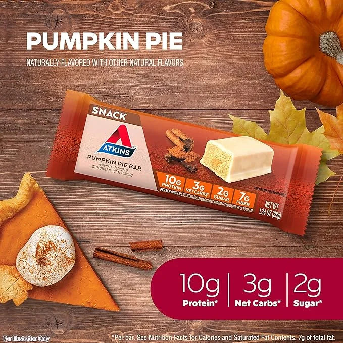 Atkins Pumpkin Pie Snack Bar, 10g Protein, 3g Net Carbs, 2g Sugar, High Fiber, 5 Count - Product Image