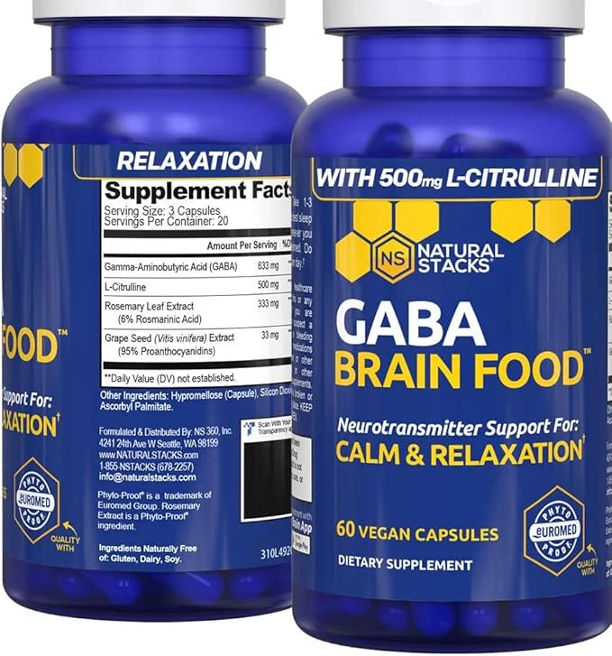 GABA Brain Food - GABA Supplement with L-Citrulline & Grape Seed Extract - Supports Calm & Relaxation - Nighttime Sleep Ai...