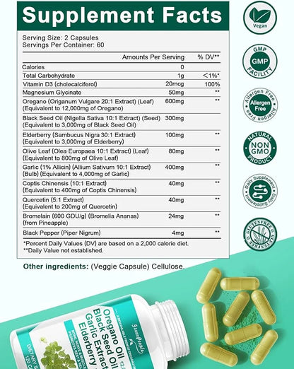 Oregano Oil 12,000mg Black Seed Oil 3,000mg Garlic 4,000mg Elderberry 3,000mg - D3 & 120 Capsules丨Vegan