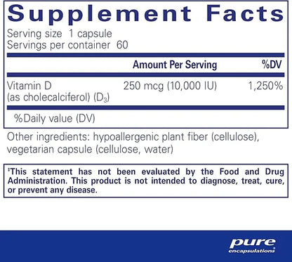Pure Encapsulations Vitamin D3 250 mcg (10,000 IU) 60 Capsules