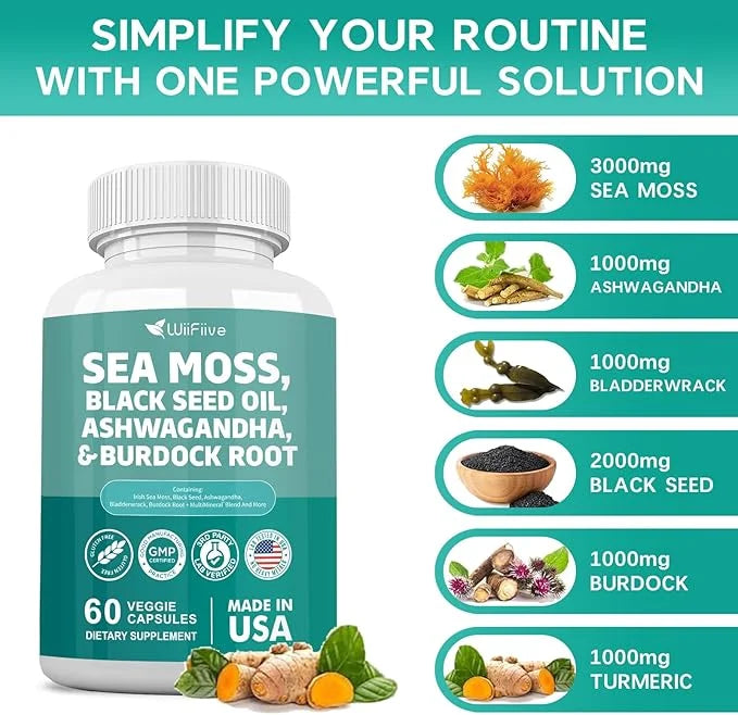 Sea Moss 3000mg Black Seed Oil 2000mg Ashwagandha 1000mg Burdock 1000mg Turmeric 1000mg Irish D3 Yellow 60 Count