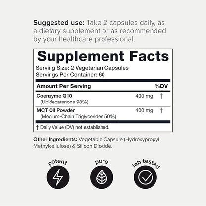 Ultra High Purity CoQ10 400mg 98% Purified CoQ10 Supplement Q10 -Bioavailable -120 Veggie