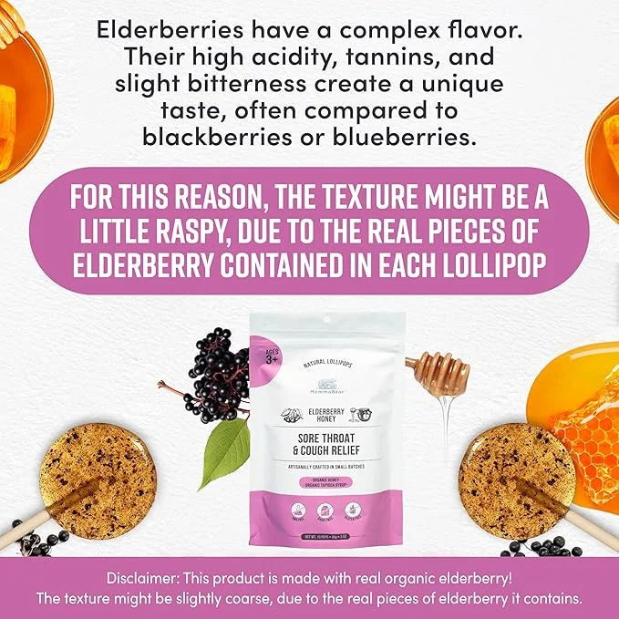 MommaBear Organics Handcrafted Kids Cough Lollipops – Natural Sore Throat Relief & Cough Drop Suckers for Kids 3+ – Elderb...