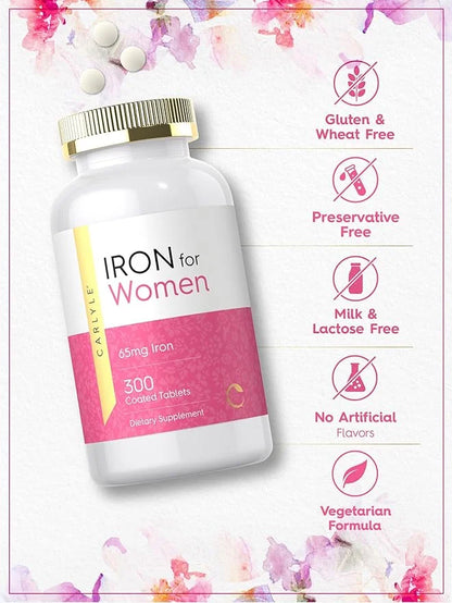 Carlyle Iron for Women 65mg | 300 Coated Tablets | Vegetarian, Non-GMO & Gluten Free Supplement - Product Image