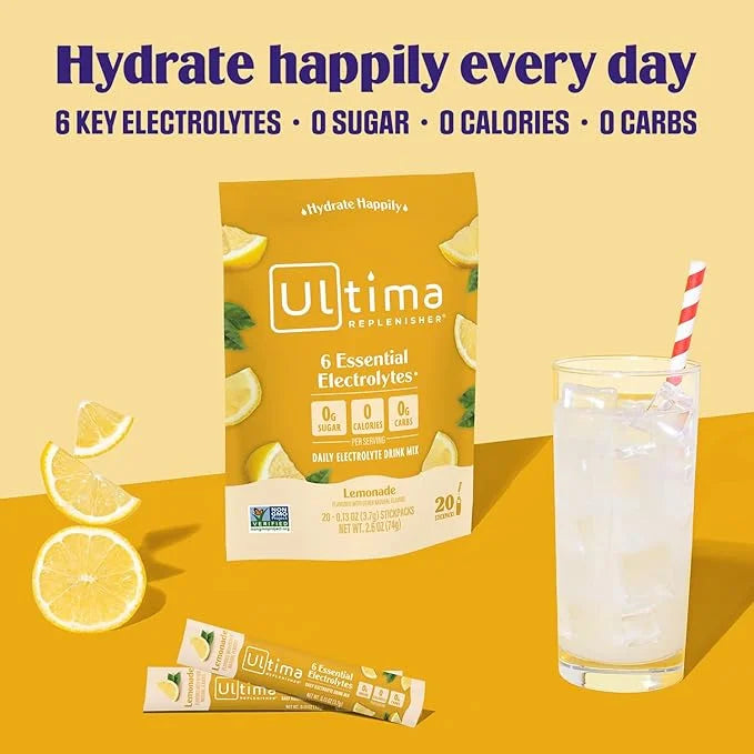 Ultima Replenisher Daily Electrolyte Powder Drink Mix – Lemonade, 20 Stickpacks – Hydration Packets with 6 Key Electrolyte...