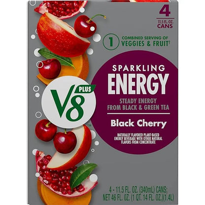 V8 +SPARKLING ENERGY Black Cherry Energy Drink, Made with Real Vegetable and Fruit Juices, 11.5 FL OZ Can 4 Count (Pack of...