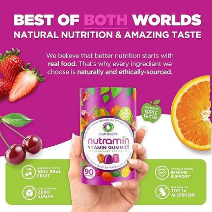 NUTRAMIN Daily Vegan Keto Multivitamin Gummies Non-GMO Natural Vitamin C, D + Zinc for Immunity, Plant-Based, Sugar-Free, ...