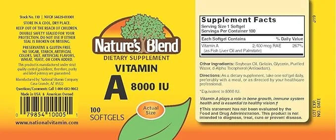 Nature's Blend Vitamin A 8,000 IU 100 Softgels