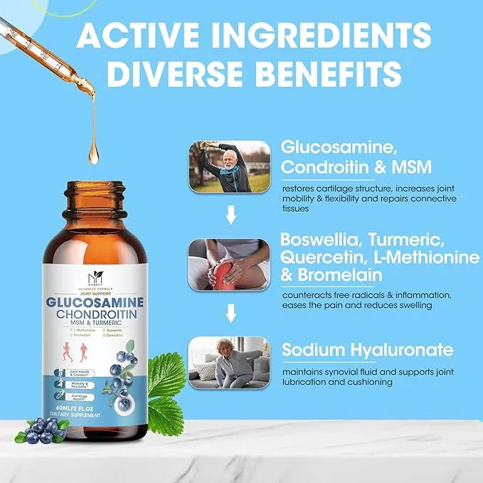 Glucosamine Chondroitin Liquid Drops with MSM Turmeric Boswellia Quercetin Bromelain-Vegan, Antioxidant Support for Back,K...