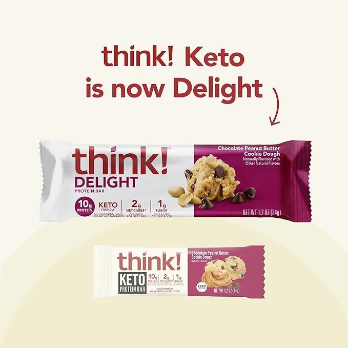 think! Delight, Keto Protein Bars, Healthy Low Carb, Gluten Free Snack - Chocolate Peanut Butter Cookie Dough, 10 Count (P...