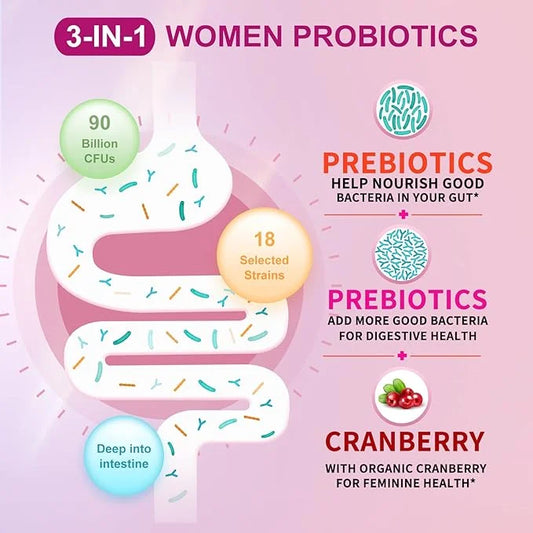 Women's Probiotic,with Cranberry Extract and Organic Prebiotics,90 Billion CFUs,18 Strains,Help 90 Tablets