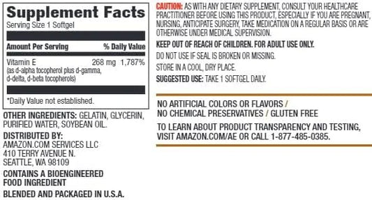 Amazon Elements Vitamin E, 400 IU, 100 Softgels, 100 days of supply (Packaging may vary) - Product Image