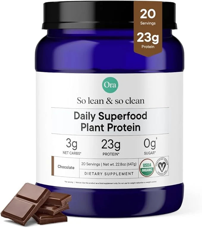 Ora Organic Vegan Protein Powder - 23g Plant Protein for Women and Men - Chocolate Flavor 20 Servings, Bloat-Free, Gluten ...