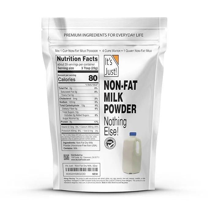 It's Just - Powdered Non-Fat (Skim) Milk, rBST/rBGH Hormone Free, Shelf Stable, Just Add Water, Makes Over 1.5 Gallon Milk...