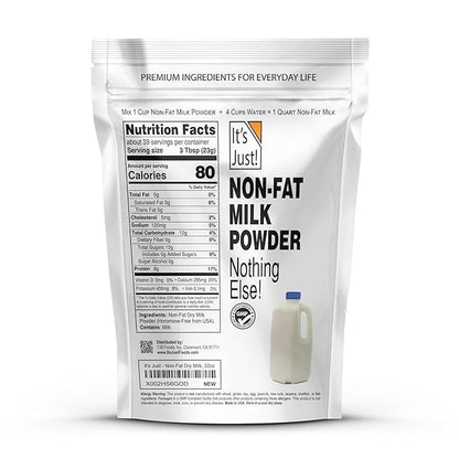 It's Just - Powdered Non-Fat (Skim) Milk, rBST/rBGH Hormone Free, Shelf Stable, Just Add Water, Makes Over 1.5 Gallon Milk...